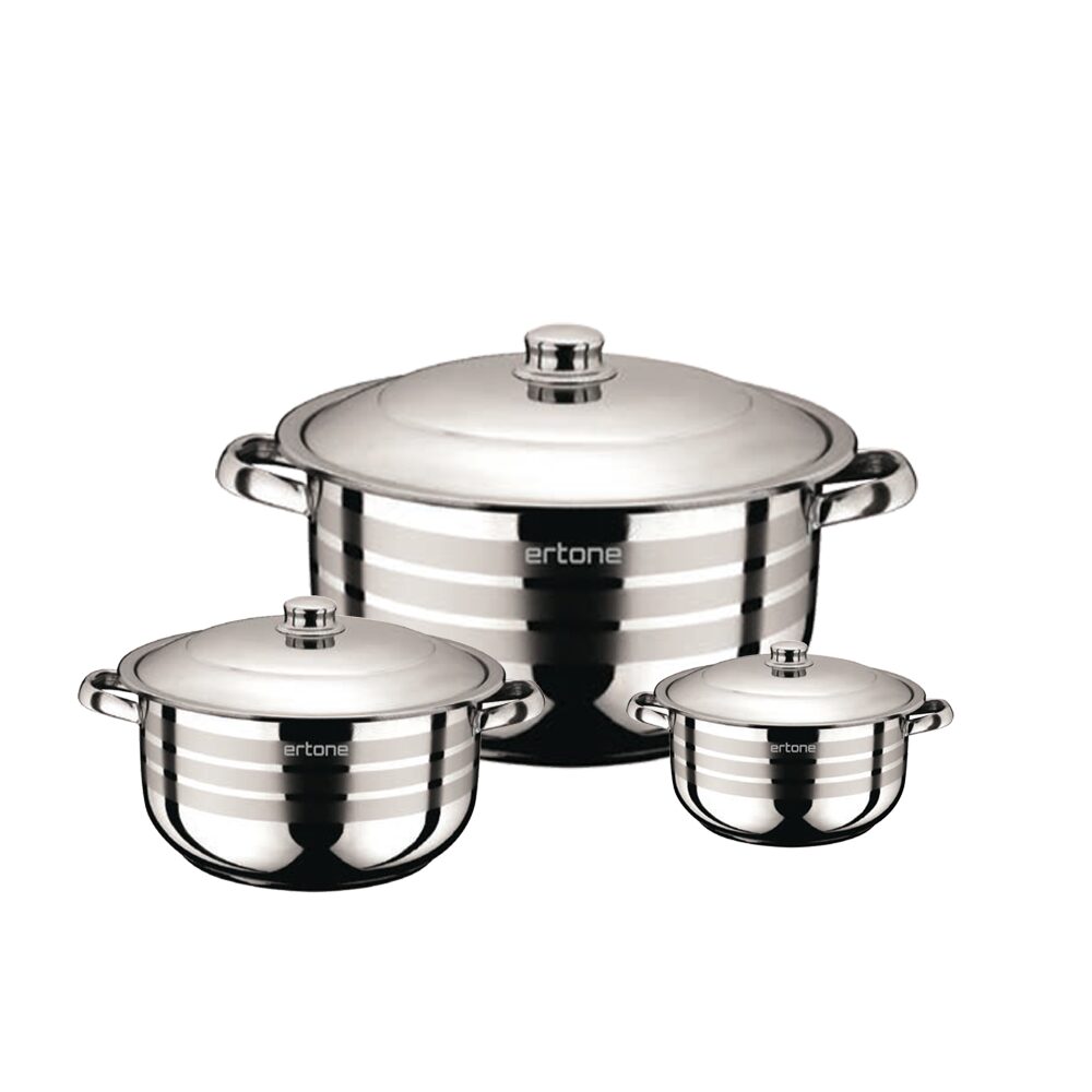 Ertone MN-515, 3 részes rozsdamentes edénykészlet 3 üvegfedővel, 20cm/3,2L, 22cm/4,5L, 24cm/6,3L, Rozsdamentes acél