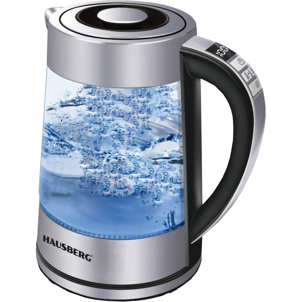 HAUSBERG HB-3625 üveg vízforraló digitális kijelzővel, 1500-1800W teljesítmény, 2 liter kapacitás, LED kijelző, automatikus kikapcsolás, rozsdamentes acél + üveg anyag