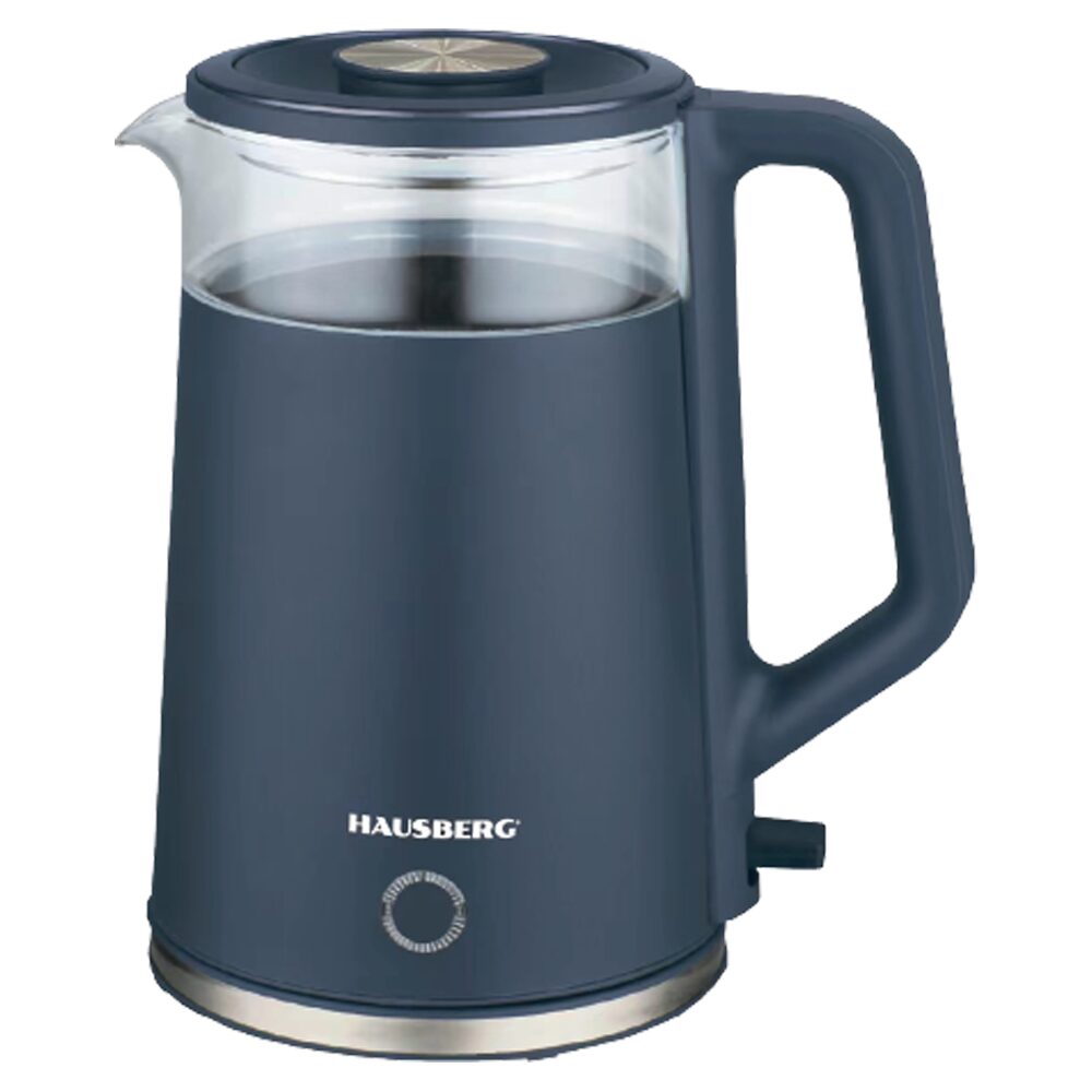 HAUSBERG HB-3619BL vízforraló, 1500 - 1800W, 2L űrtartalom, szárazon forralás elleni védelem, automata kikapcsolás, inox, üveg + kék műanyag