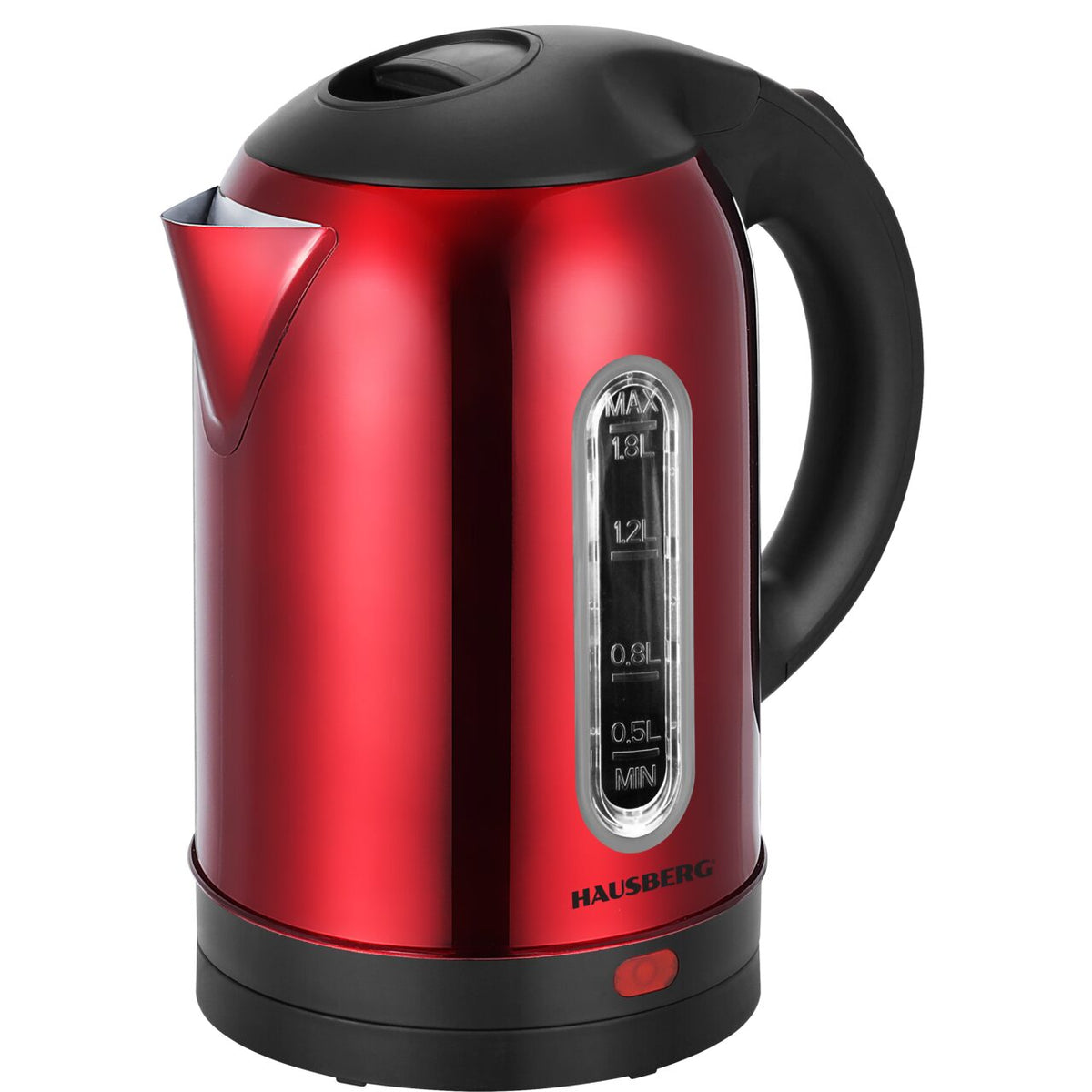 HAUSBERG HB-3621RS elektromos vízforraló, 1500 - 1800 W, 1,8 liter, rozsdamentes acél víztartály, automatikus kikapcsolás forráskor, 360 fokos elforgatás, túlmelegedés elleni védelem, levehető alap