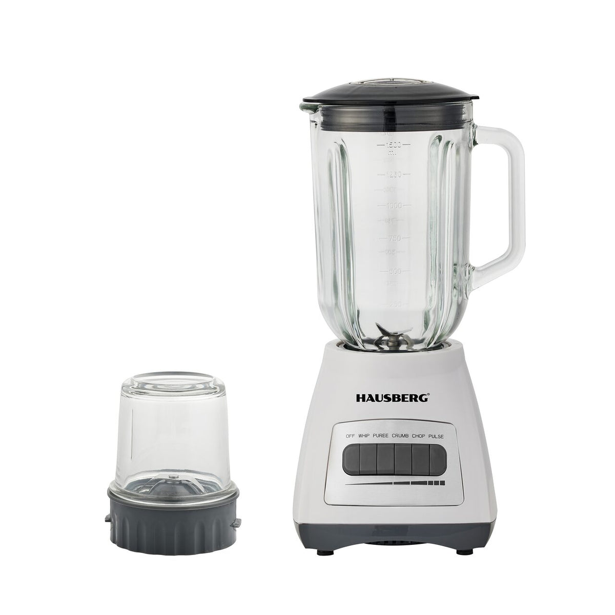 HAUSBERG HB-7772AB turmixgép darálóval, 400-500W, 1.5L kapacitás, üvegkehely, 4 sebességfokozat, rozsdamentes acél kések, fehér