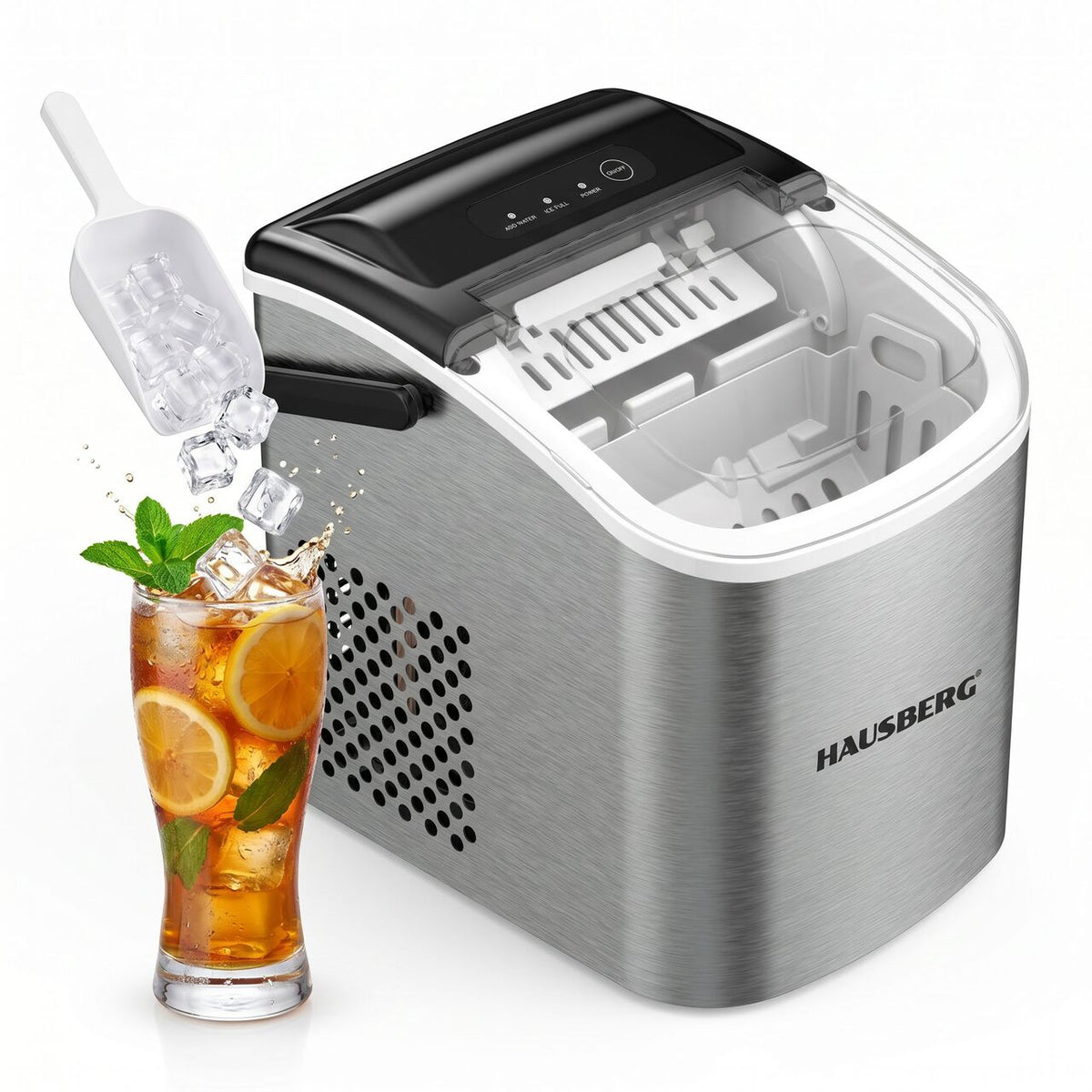 HAUSBERG HB-6019IN jégkészítő gép, víztartály kapacitás 1,2 liter, jégkocka termelés 12-15 kg / 24 óra, tárolási kapacitás 0,6 kg, 9 jégkocka/6-9 perc, ezüst