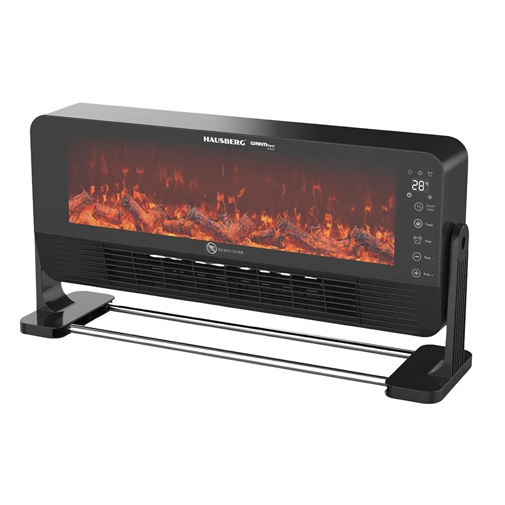 HAUSBERG HB-8216NG Elektromos kandalló ventilátorral, távirányítóval, 2000W, 2 fűtési fokozat, kerámia PTC fűtés lánghatással, termosztát 15-35 °C, IP24 védelem