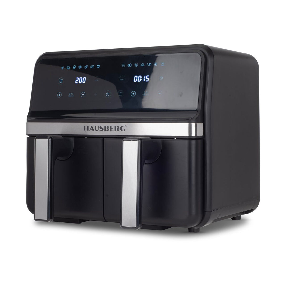 HAUSBERG HB-2373NG dupla forrólevegős fritőz, 2200-2400W, 8.4L kapacitás, állítható termosztát LED kijelzővel, egyedi digitális vezérlés, 14 előre beállított program, 60 perces időzítő, hűtőventilátor