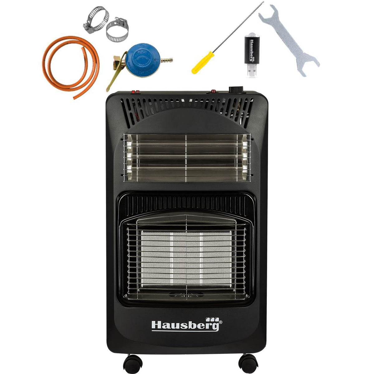 HAUSBERG HB-1020NG gázpalackos és elektromos kályha szett, piezoelektromos gyújtás, 4,2 kW, fekete, gázpalacknyomás-mérő óra, 1 m MN2015 gáztömlő és 2 tömlőbilincs