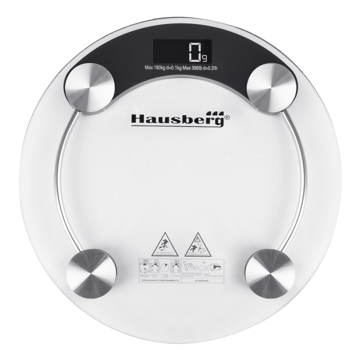 HAUSBERG HB-6000NG digitális személymérleg, LCD kijelző, automatikus kikapcsolás, elemjelző, 180 kg, átlátszó üveg, fekete