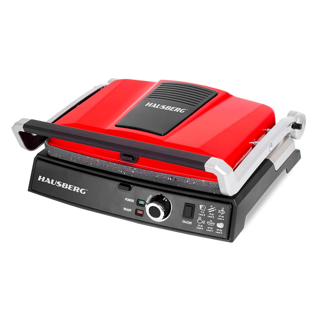 Hausberg HB633RS elektromos grill, 2000-2200 W, tapadásmentes lapok, 30x24,5 cm sütőfelület, termosztát, piros