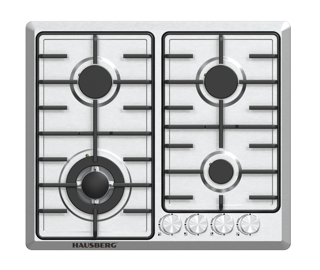 Hausberg HB-551IN beépíthető gázfőzőlap, inox, 4 égő (Wok 3,3 kW), FFD biztonsági szelep, 60 cm