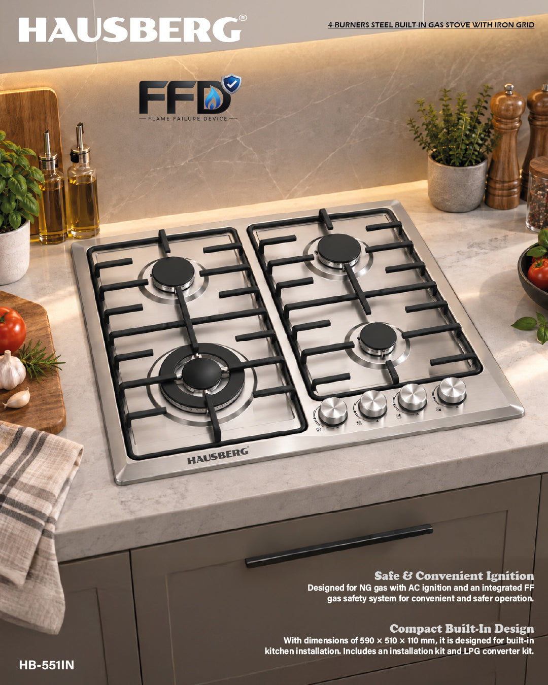 Hausberg HB-551IN beépíthető gázfőzőlap, inox, 4 égő (Wok 3,3 kW), FFD biztonsági szelep, 60 cm