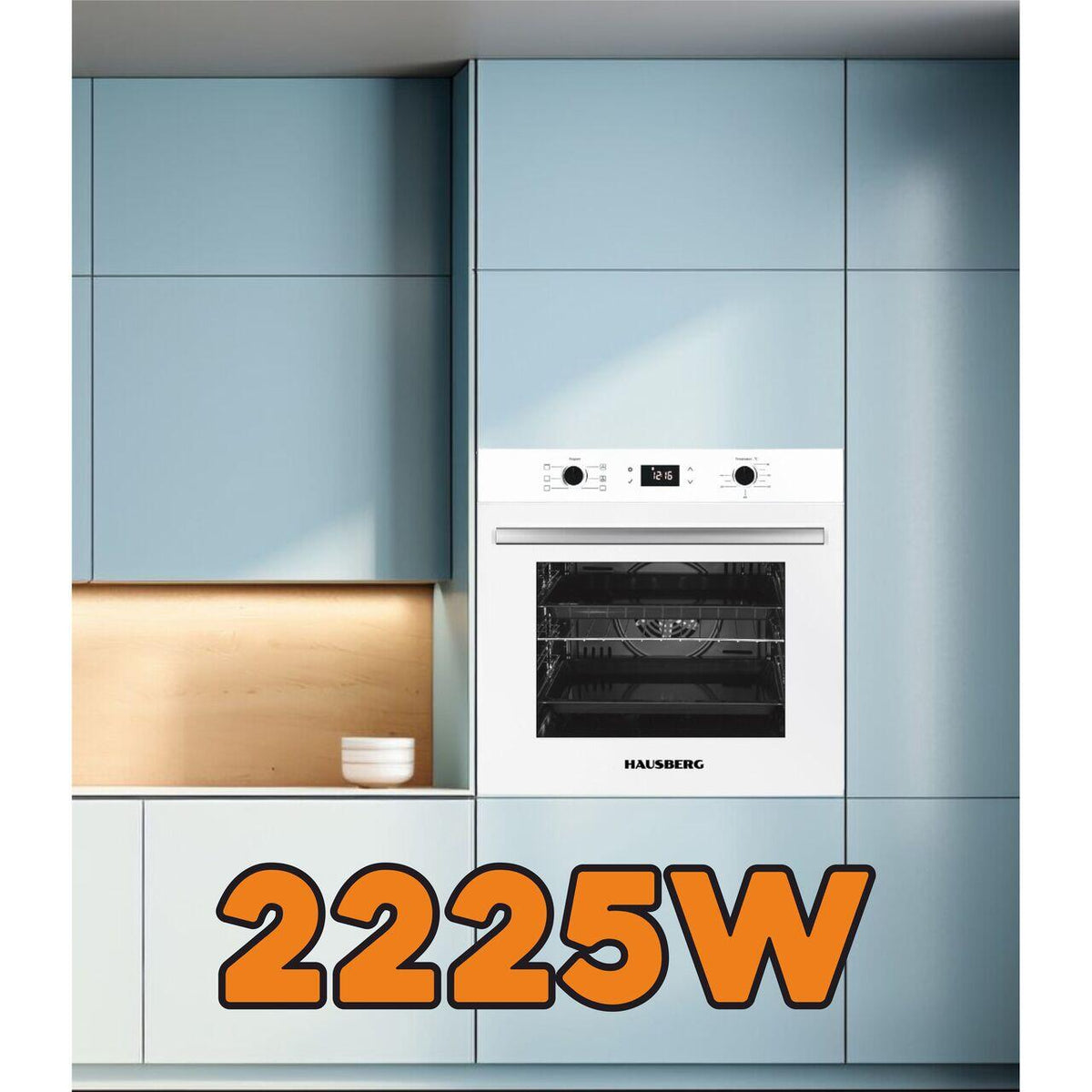 Hausberg HB-8054AB beépíthető elektromos sütő, A osztály, 71L űrtartalom, 2225W teljesítmény, hőszigetelt üvegpanel, termosztát, időzítő, 8 funkció, légkeverés, fehér
