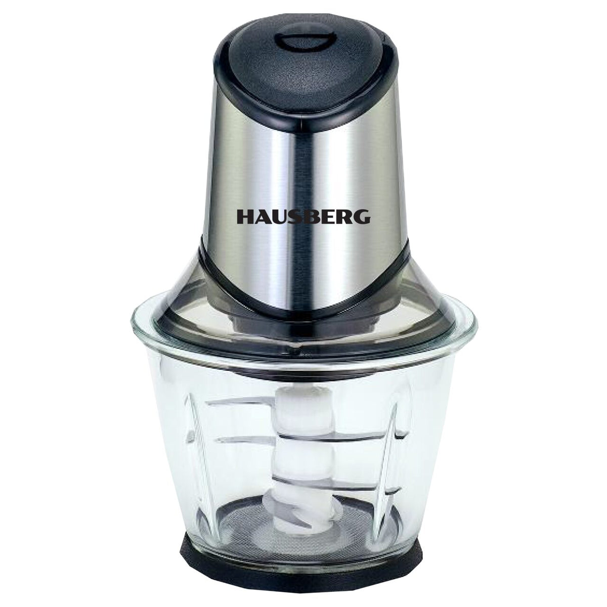 HAUSBERG HB-4507IN elektromos aprító, 400-500W, 1 sebességfokozat, 1.2 liter, üvegtál, 6 rozsdamentes acél kés, ezüst