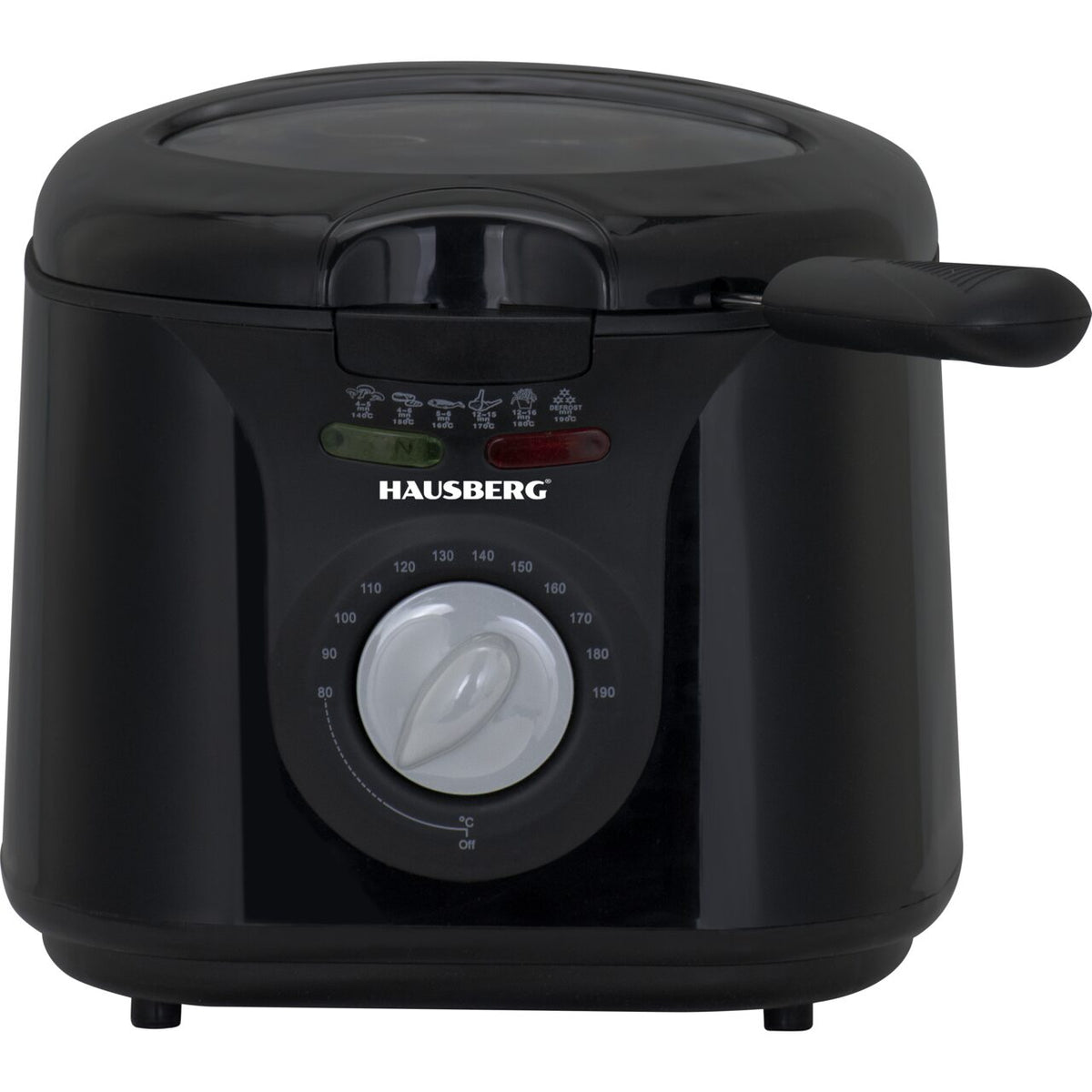 HAUSBERG HB-1331NG olajsütő, 1450 W, 2,5 liter, szabályozható termosztát 0 - 190 °C, kivehető rozsdamentes acél szűrő, olajkosár, túlmelegedés elleni védelem, csúszásmentes lábak