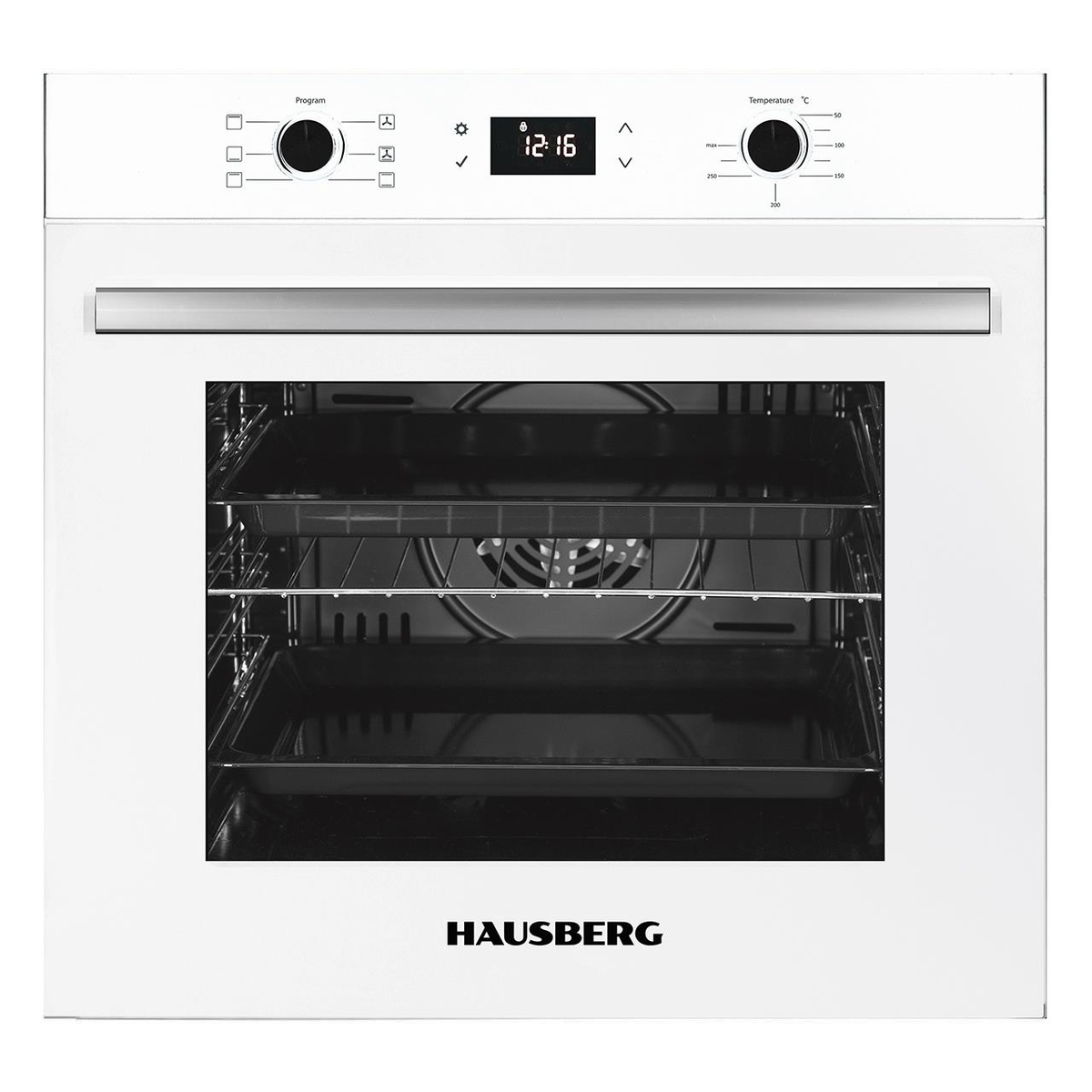 Hausberg HB-8054AB beépíthető elektromos sütő, A osztály, 71L űrtartalom, 2225W teljesítmény, hőszigetelt üvegpanel, termosztát, időzítő, 8 funkció, légkeverés, fehér