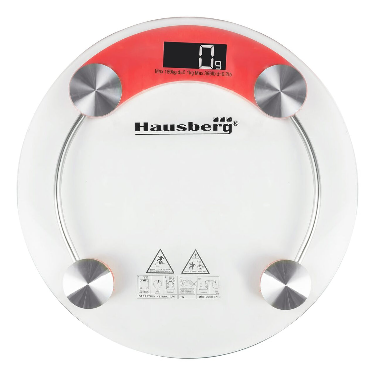 HAUSBERG HB-6000RS Személymérleg, LCD kijelző, automatikus kikapcsolás, elemtöltöttség-jelző, 180 kg, Átlátszó üveg, Piros