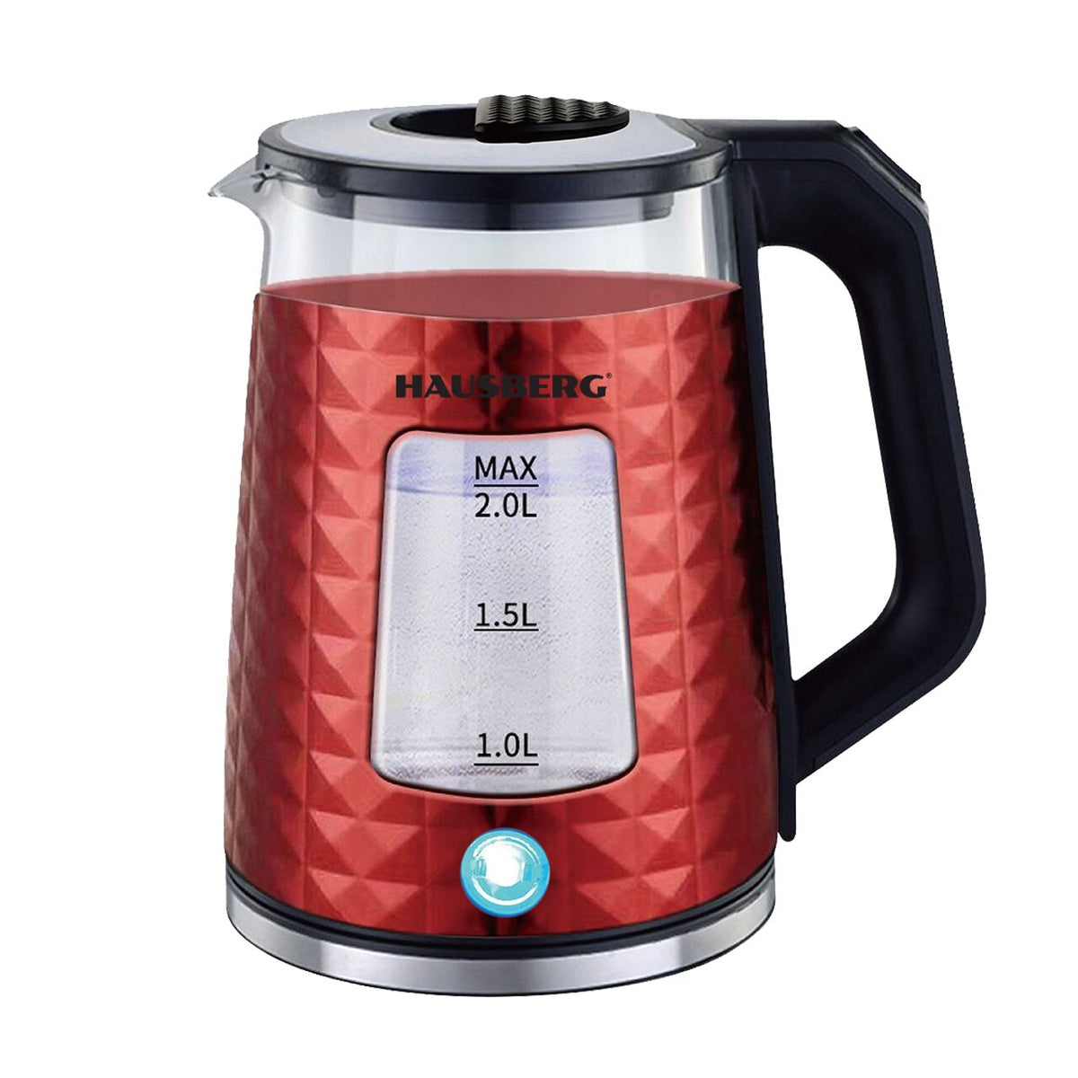 Hausberg HB-3617RS vízforraló, 1500 W, 2 L, 360 fokban forgatható talp, Fényjelző, Automatikus kikapcsolás