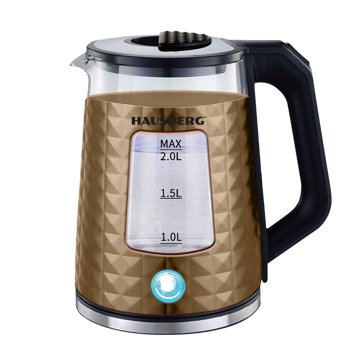 Hausberg HB-3617AU vízforraló, 1500 W, 2 L, 360 fokban forgatható alap, Világító kijelző, Automatikus kikapcsolás