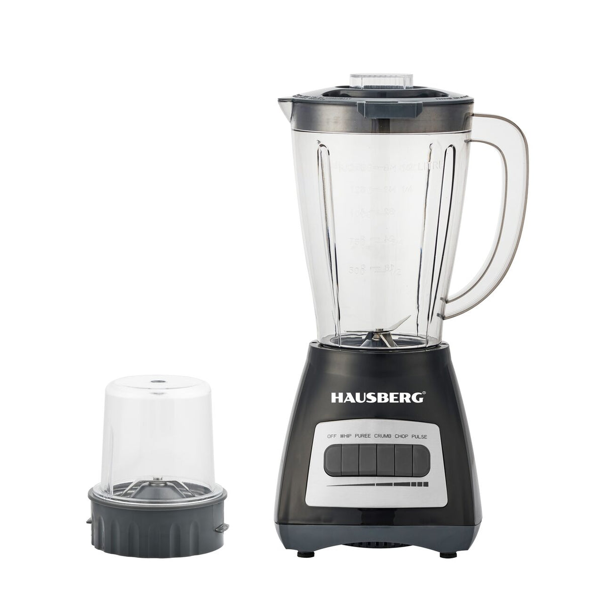 HAUSBERG HB-7770NG turmixgép darálóval, 500 W, 4 sebességfokozat, 1,5 literes műanyag mérőedény, Pulse funkció, rozsdamentes acél pengék, biztonsági rendszer