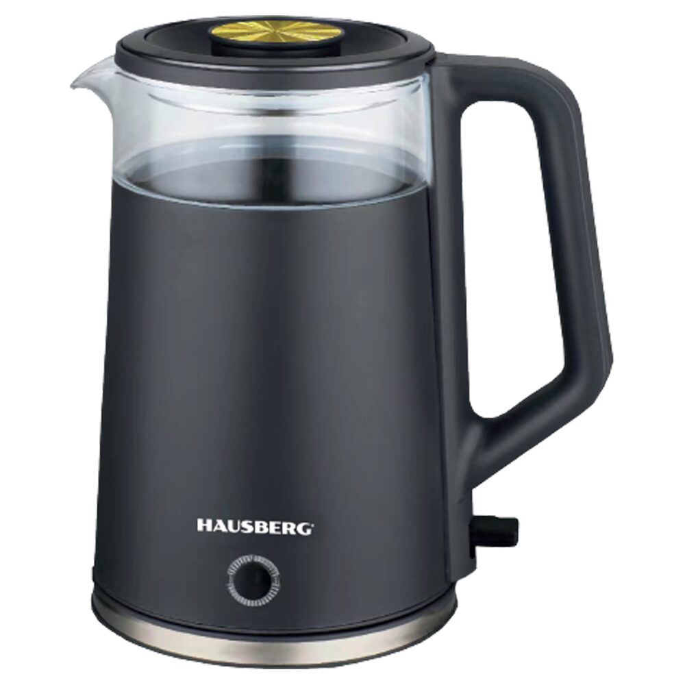 HAUSBERG HB-3619NG vízforraló, 1500 - 1800 W, 2 l űrtartalom, szárazonforgás elleni védelem, automata kikapcsolás, inox, üveg + műanyag, fekete
