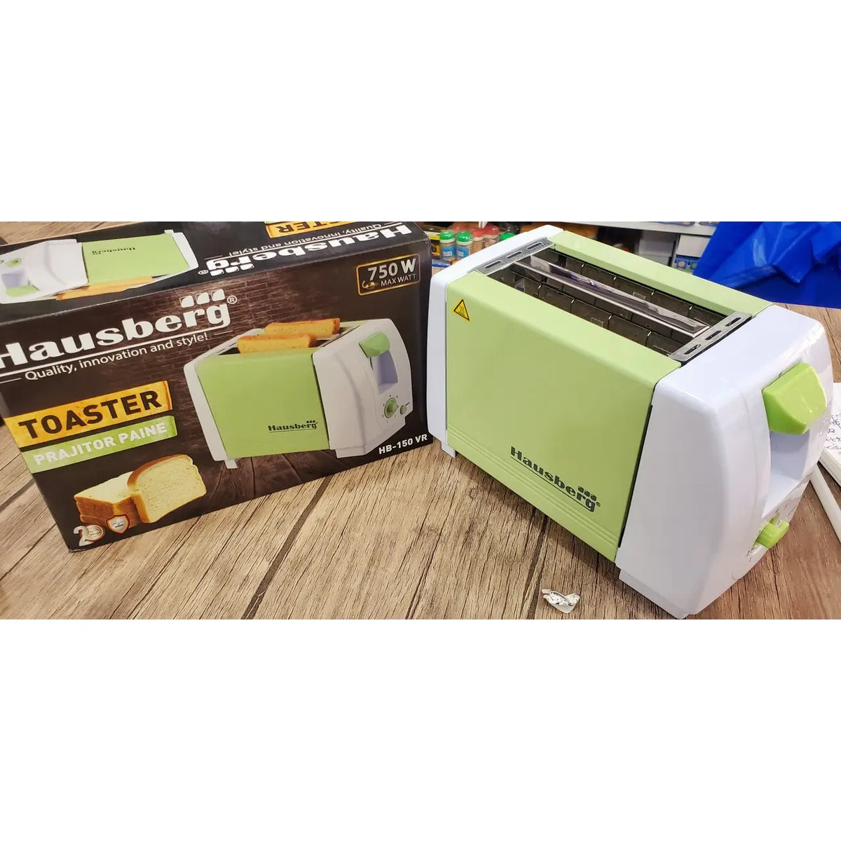 HAUSBERG HB-150VR kenyérpirító, 750 W, 2 szeletes kapacitás, 7 fokozatú hőmérséklet-szabályozás, automatikus kikapcsolás, zöld