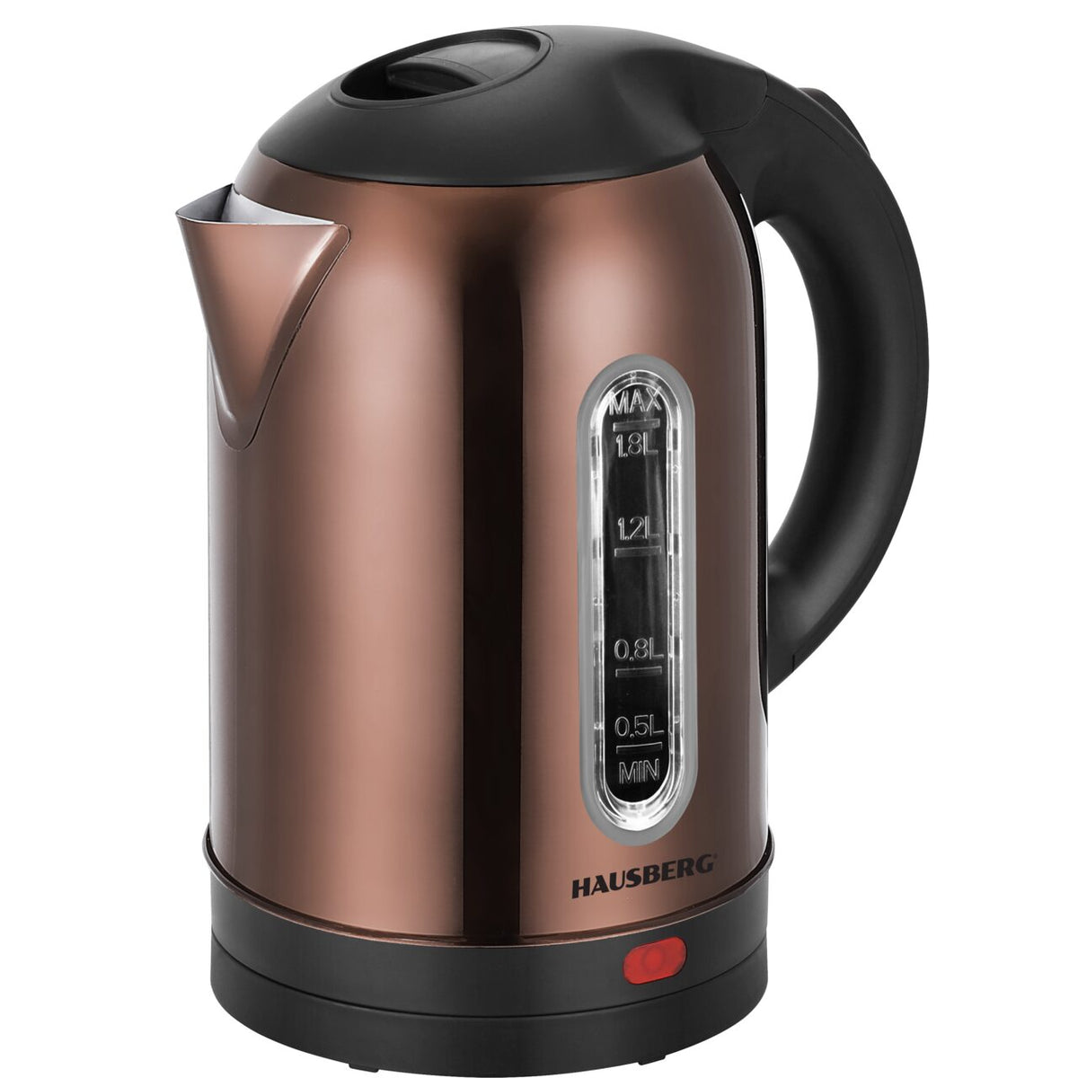 HAUSBERG HB-3621CU elektromos vízforraló, 1500 - 1800 W, 1.8 liter, rozsdamentes acél víztartály, automata kikapcsolás forráskor, 360 fokban forgatható, túlmelegedés elleni védelem, levehető talp