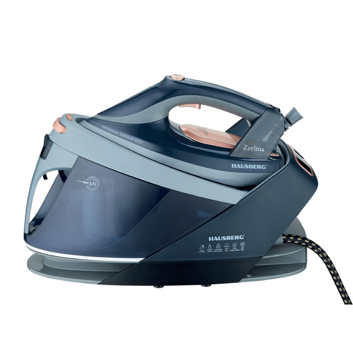 HAUSBERG HB-7925NG gőzállomás, 3000W, 40-50g/perc, 1.5l, öntisztító, termosztát, kerámia talp