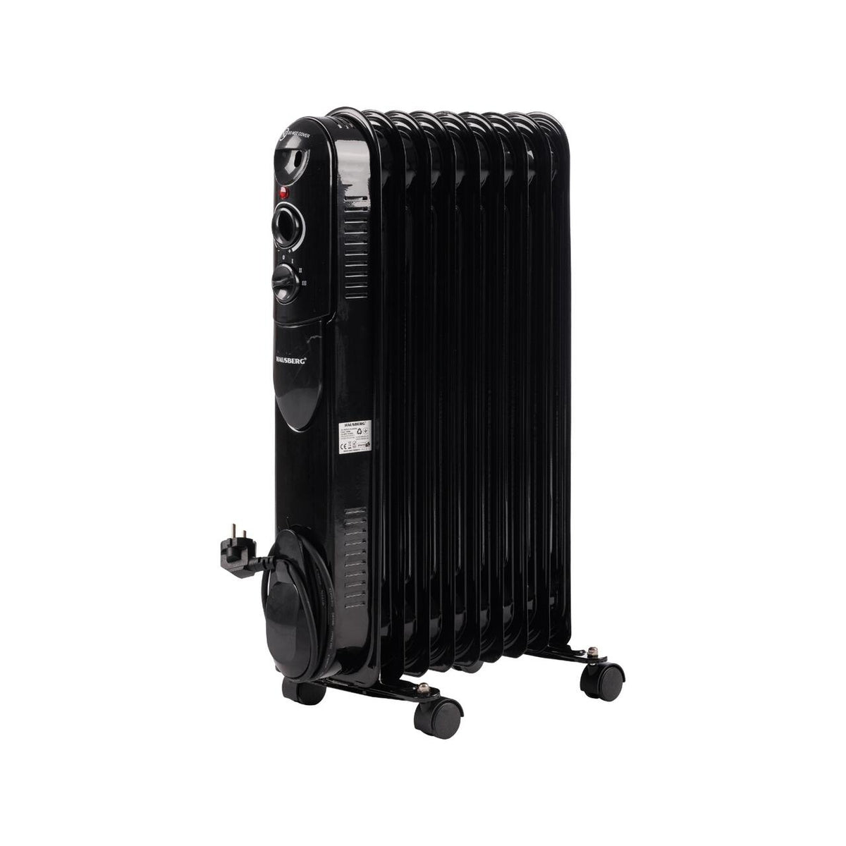 HAUSBERG HB-8915 elektromos olajradiátor, 3 fokozat, 800-1200-2000 W, 9 tag 110 mm x 580 mm, állítható termosztát, fogantyú és kerekek a könnyű mozgatáshoz, működésjelző fény
