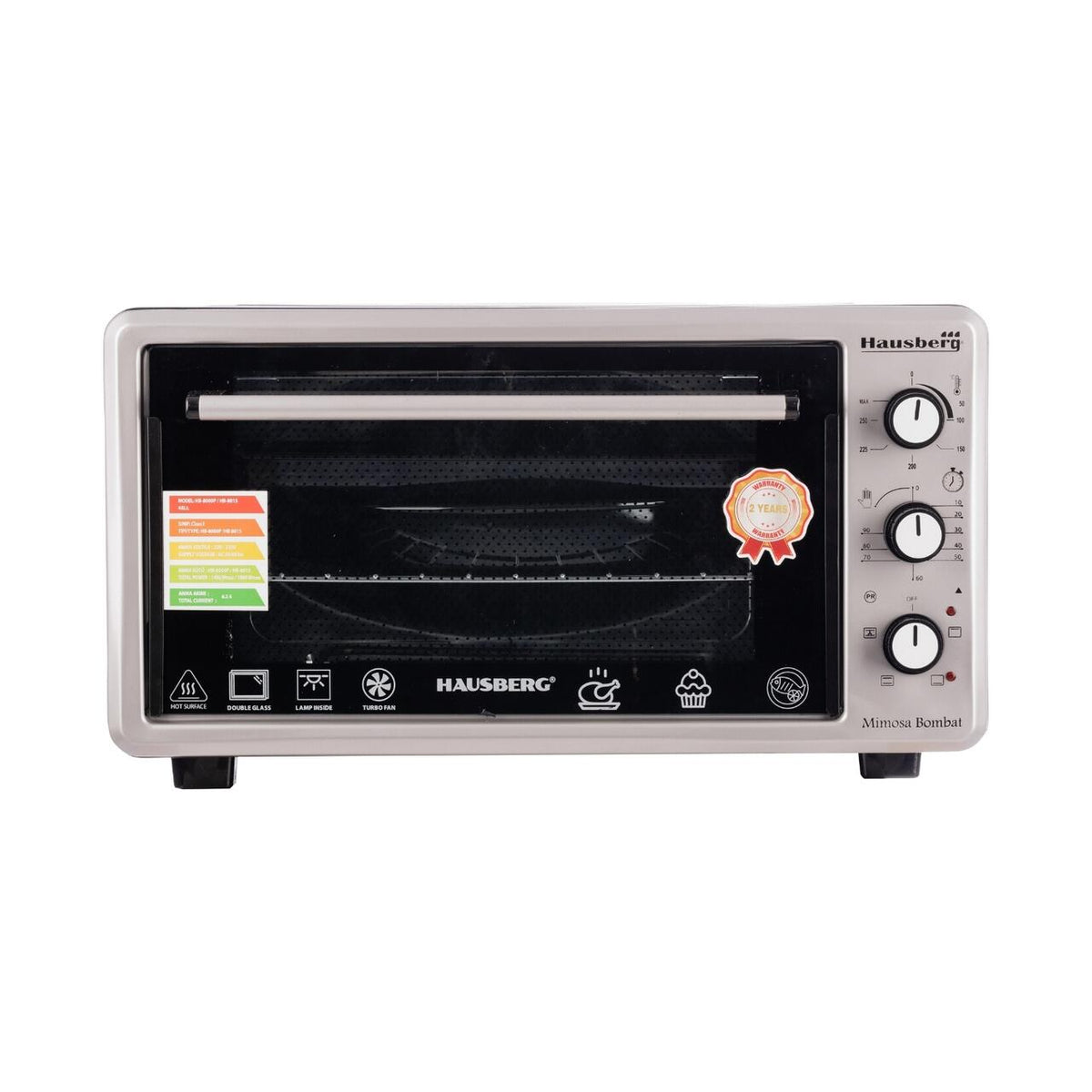 HAUSBERG HB-8015 Elektromos sütő ventilátorral, 1800 W, dupla üvegezésű ajtó, 48L, belső világítás, időzítő, 5 sütési program, állítható termosztát 250 fokig, inox/fekete