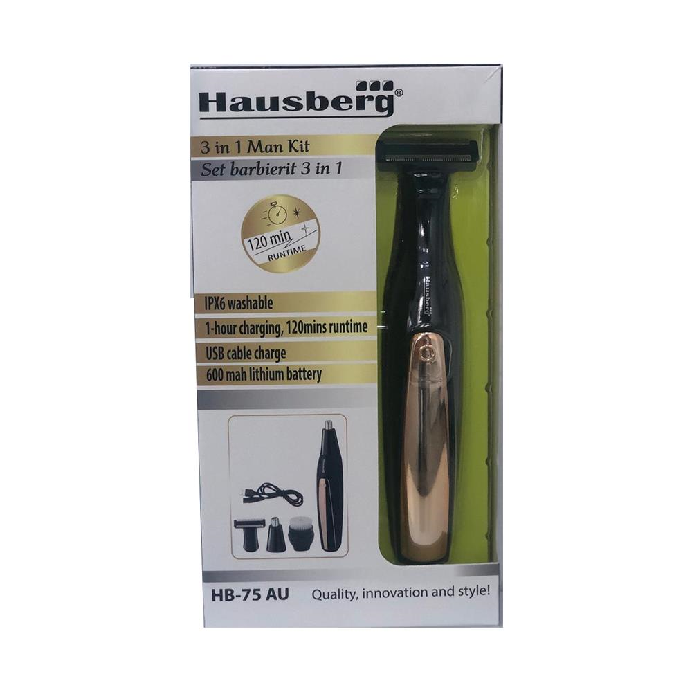 Hausberg HB-75AU 3 az 1-ben borotválkozó szett, 5W teljesítmény, 3.7V feszültség, fekete-arany