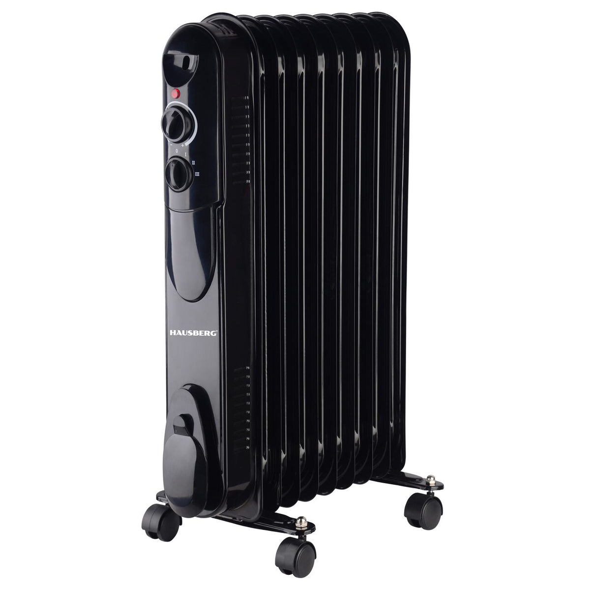 HAUSBERG HB-8915 elektromos olajradiátor, 3 fokozat, 800-1200-2000 W, 9 tag 110 mm x 580 mm, állítható termosztát, fogantyú és kerekek a könnyű mozgatáshoz, működésjelző fény