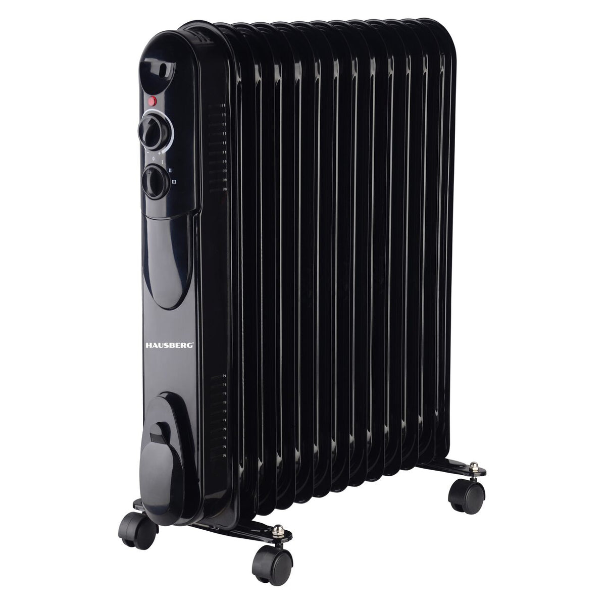HAUSBERG HB-8935 olajradiátor, 3 fokozat, 1000-1500-2500 W, 13 tag 110 mm x 580 mm, állítható termosztát, fogantyú és kerekek a könnyű mozgatáshoz, működésjelző lámpa
