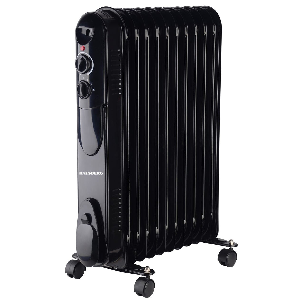 HAUSBERG HB-8925 olajradiátor, 3 fokozat, 1000-1500-2500 W, 11 tag, 110 mm x 580 mm, állítható termosztát, fogantyú és kerekek a könnyű mozgatáshoz, működésjelző lámpa