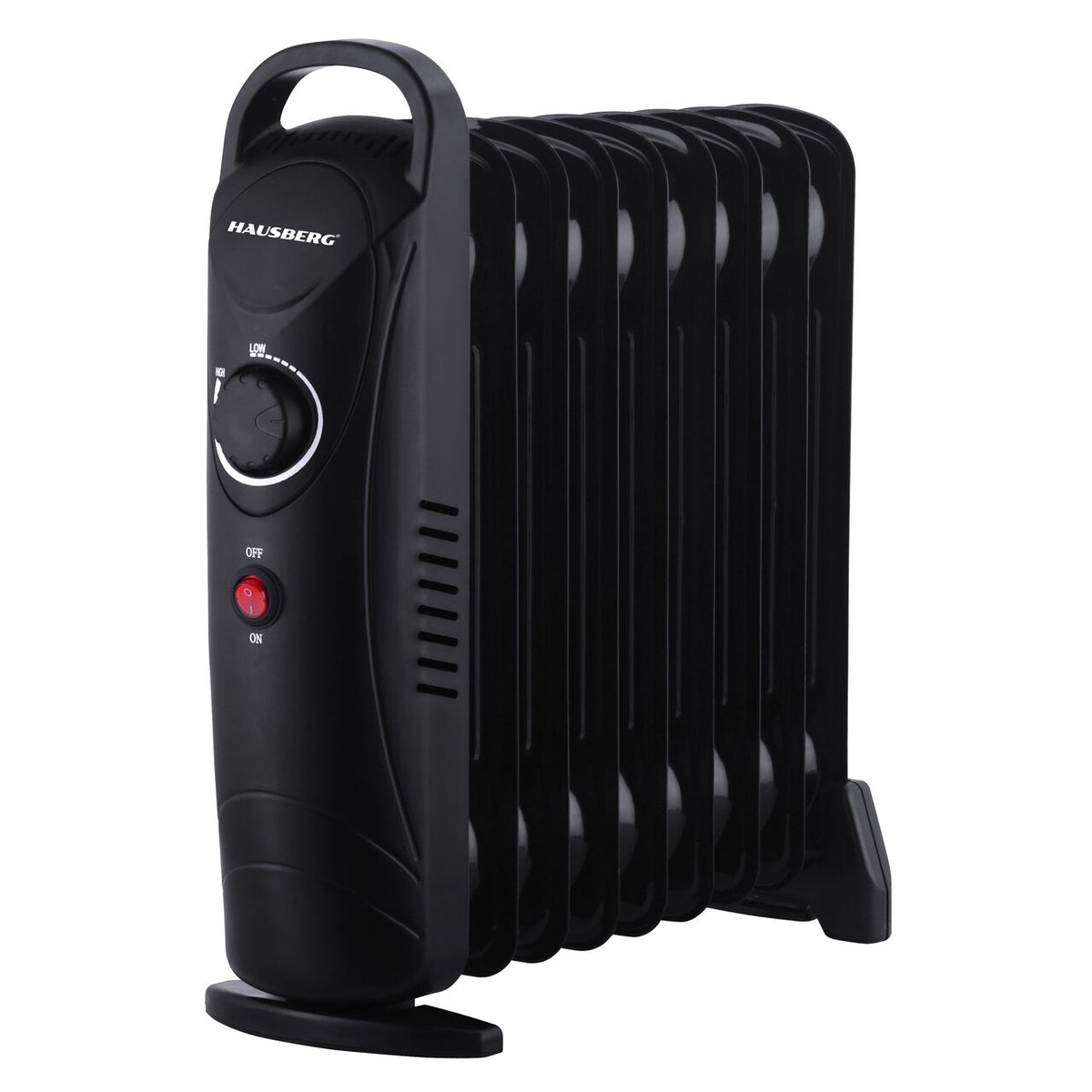 HAUSBERG HB-8945 olajradiátor, egy fűtési fokozat, 1000-1200 W, 9 tag 110 mm x 330 mm, állítható termosztát, fogantyú és görgők a könnyű mozgatáshoz, működésjelző fény