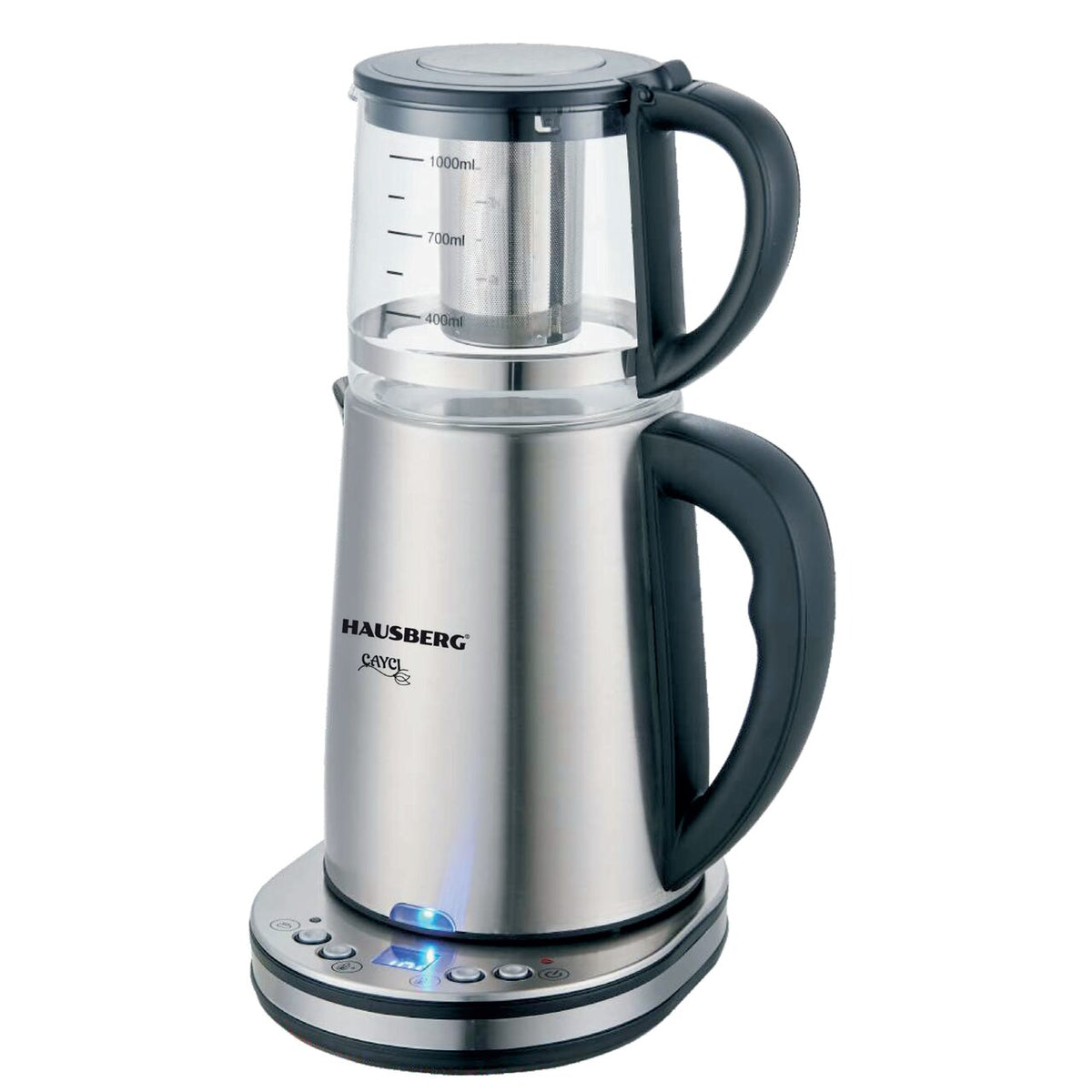 HAUSBERG HB-3640IN digitális teafőző, 1500W, 1,7L kancsó, 1L teáskanna, rozsdamentes acél panel digitális kijelzővel, termosztát, inox