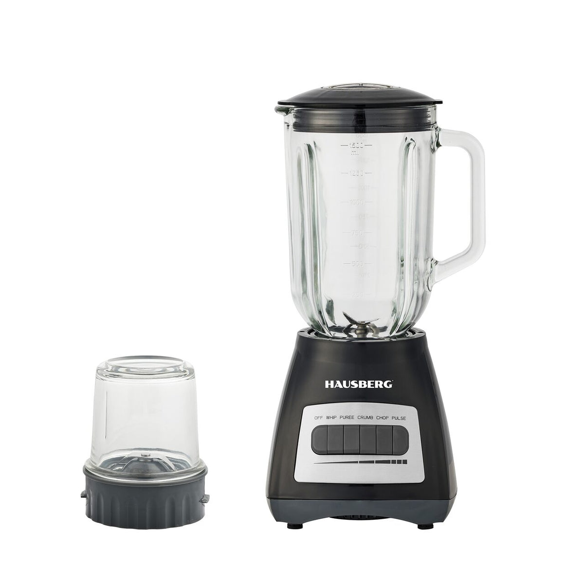 HAUSBERG HB-7772NG turmixgép darálóval, 400-500W, 1.5L kapacitás, üvegkehely, 4 sebességfokozat, rozsdamentes acél pengék, fekete