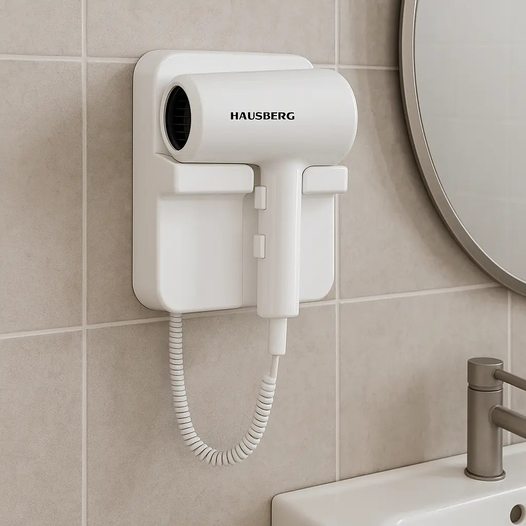 HAUSBERG HB-260AB falra szerelhető hajszárító, 1200W, 2 sebességfokozat, túlmelegedés elleni védelem, tartozékokkal