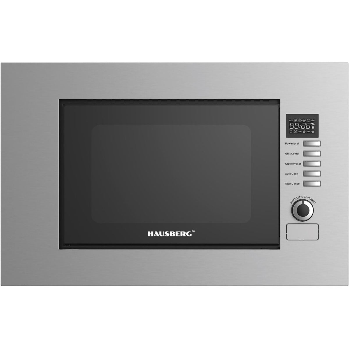 HAUSBERG HB-8065IN beépíthető mikrohullámú sütő, 20 liter, Teljesítmény: 230V, 50Hz, 700W, 900W grillteljesítmény, 1200W bemeneti teljesítmény, 6 teljesítményfokozat, 8 automata program, mechanikus vezérlés, kiolvasztás, időzítő, gyerekzár, ezüst színű