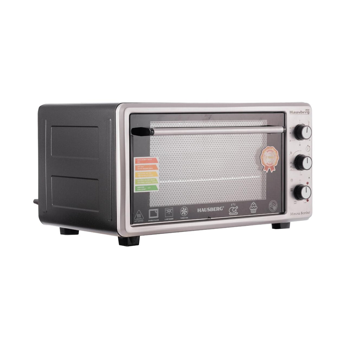 HAUSBERG HB-8015 Elektromos sütő ventilátorral, 1800 W, dupla üvegezésű ajtó, 48L, belső világítás, időzítő, 5 sütési program, állítható termosztát 250 fokig, inox/fekete