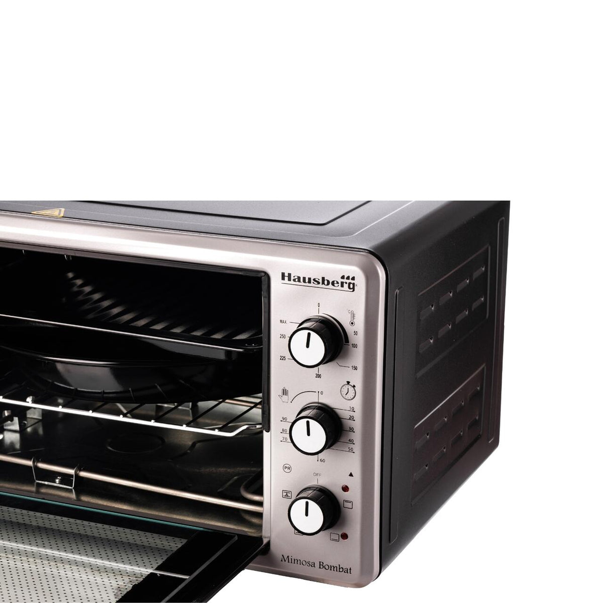 HAUSBERG HB-8015 Elektromos sütő ventilátorral, 1800 W, dupla üvegezésű ajtó, 48L, belső világítás, időzítő, 5 sütési program, állítható termosztát 250 fokig, inox/fekete