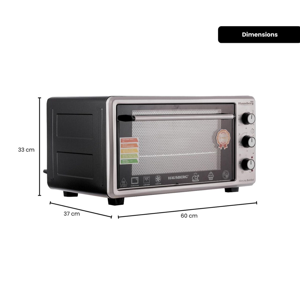 HAUSBERG HB-8015 Elektromos sütő ventilátorral, 1800 W, dupla üvegezésű ajtó, 48L, belső világítás, időzítő, 5 sütési program, állítható termosztát 250 fokig, inox/fekete
