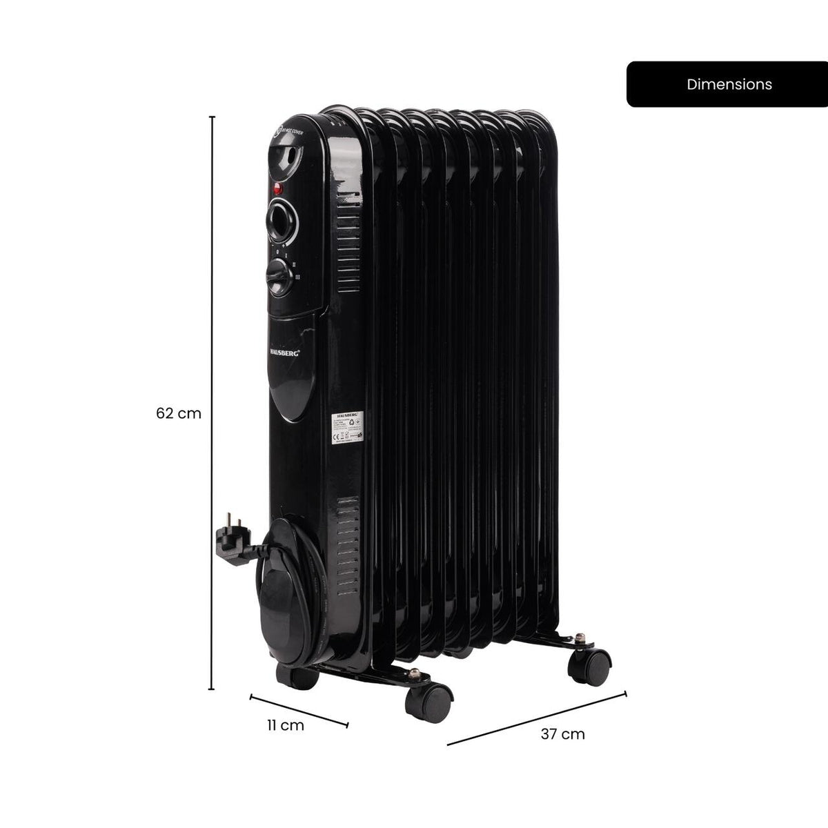 HAUSBERG HB-8915 elektromos olajradiátor, 3 fokozat, 800-1200-2000 W, 9 tag 110 mm x 580 mm, állítható termosztát, fogantyú és kerekek a könnyű mozgatáshoz, működésjelző fény