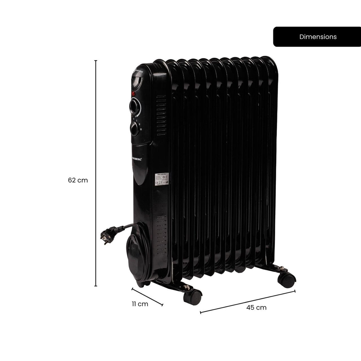 HAUSBERG HB-8925 olajradiátor, 3 fokozat, 1000-1500-2500 W, 11 tag, 110 mm x 580 mm, állítható termosztát, fogantyú és kerekek a könnyű mozgatáshoz, működésjelző lámpa
