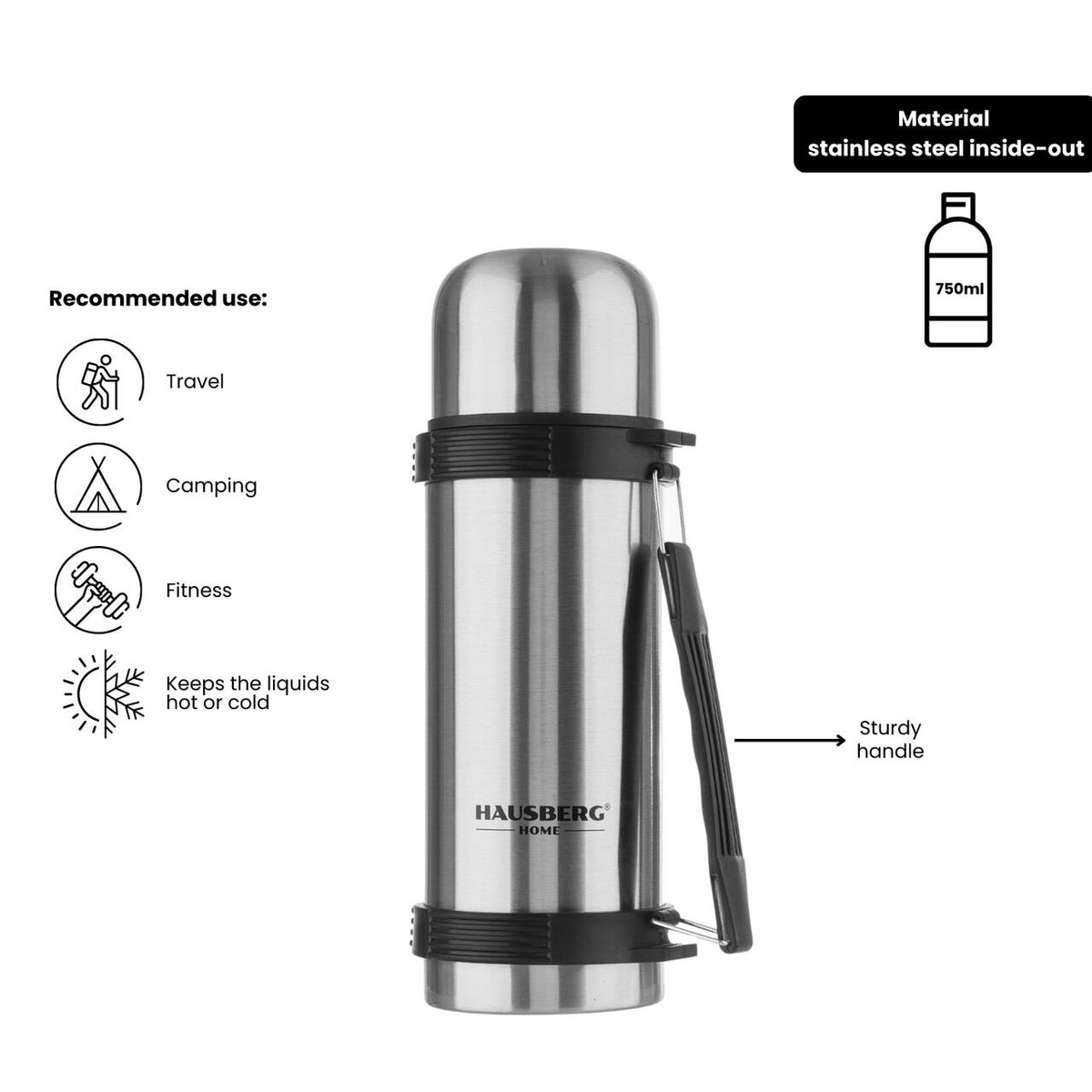 Termosz HAUSBERG HB-H1458, 750 ml-es űrtartalom, rozsdamentes acél anyag