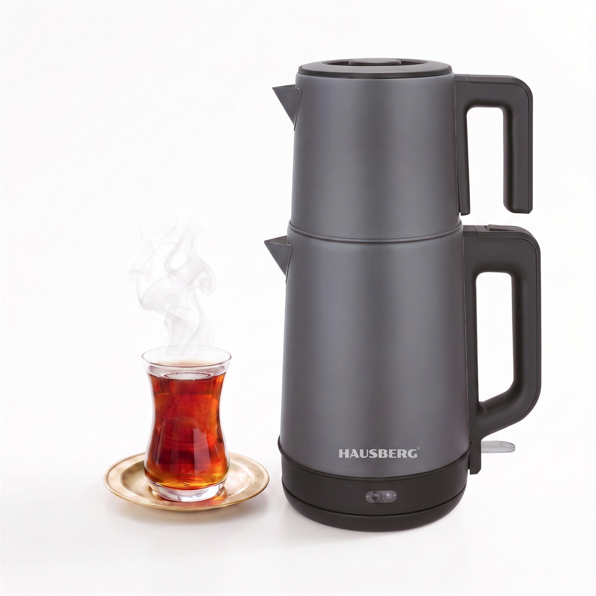Elektromos rozsdamentes acél teakészítő, 2 l + 1 l-es teáskanna, melegen tartó funkció, 1500–1800 W, 360°-os talp, Hausberg HB3636GR
