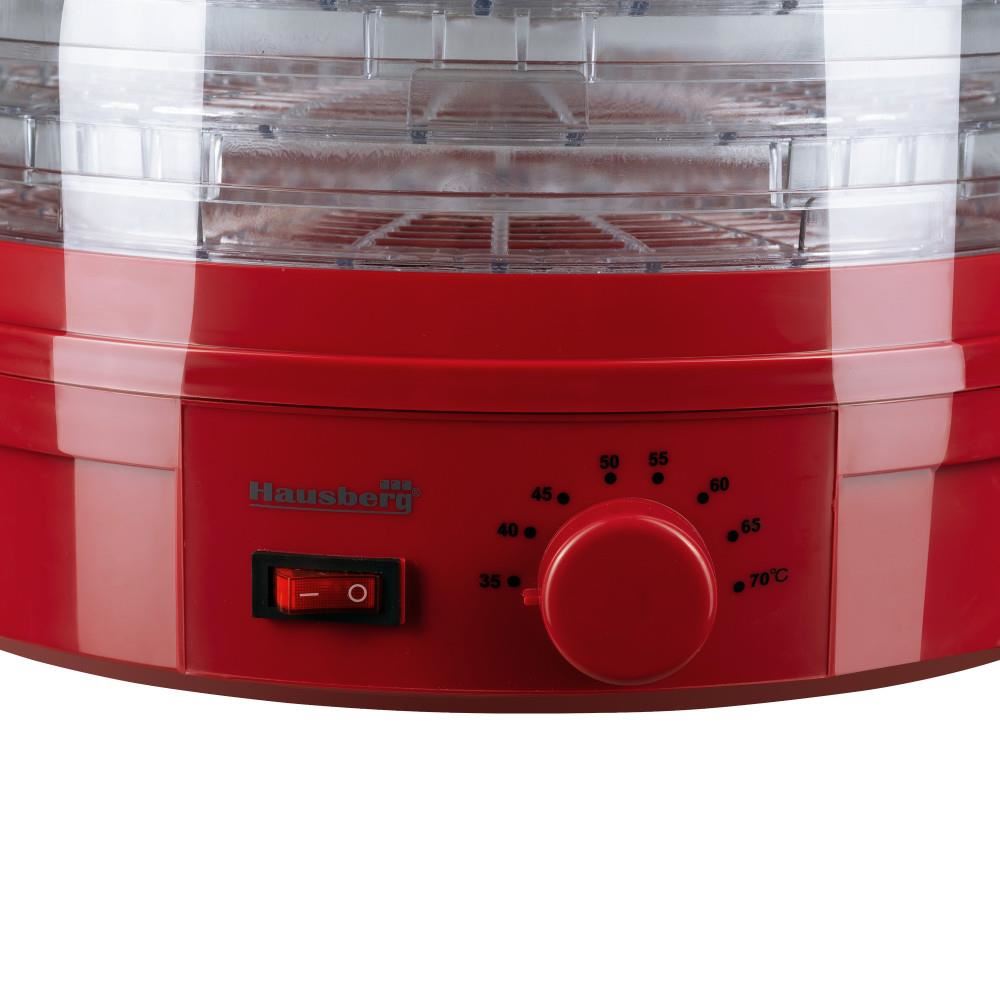 Hausberg HB-810RS elektromos ételszárító, állítható termosztát, 250 W teljesítmény, rézmotor, piros