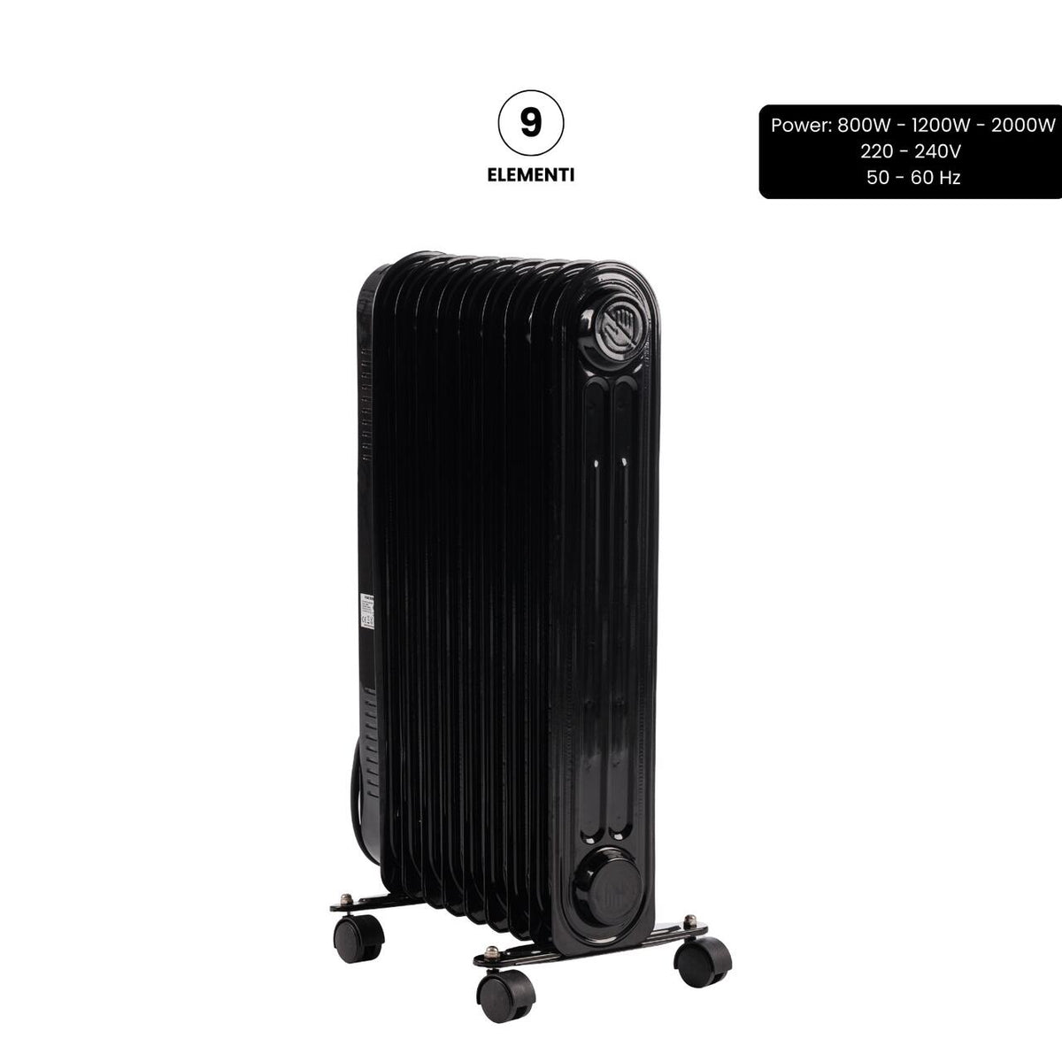 HAUSBERG HB-8915 elektromos olajradiátor, 3 fokozat, 800-1200-2000 W, 9 tag 110 mm x 580 mm, állítható termosztát, fogantyú és kerekek a könnyű mozgatáshoz, működésjelző fény