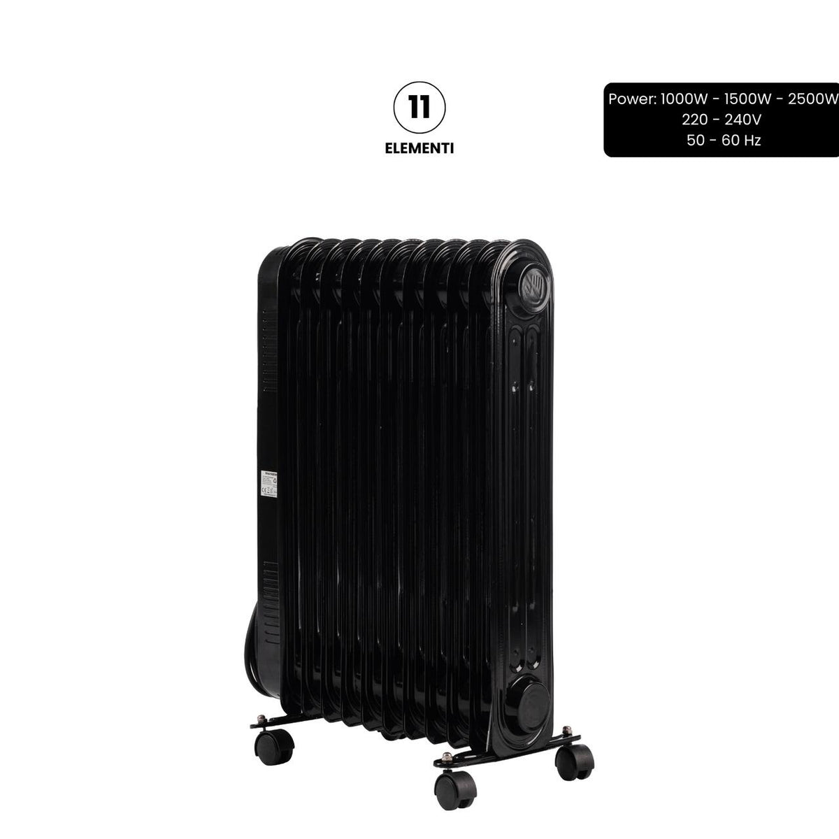 HAUSBERG HB-8925 olajradiátor, 3 fokozat, 1000-1500-2500 W, 11 tag, 110 mm x 580 mm, állítható termosztát, fogantyú és kerekek a könnyű mozgatáshoz, működésjelző lámpa