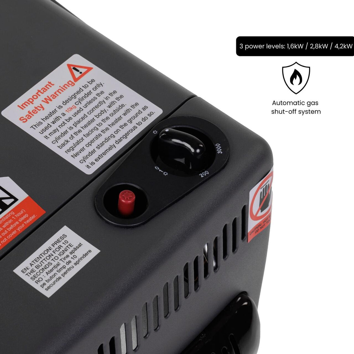 Mini gáztűzhely PB gázra HAUSBERG HB-1023NG, piezo gyújtású, 3 kerámia fűtőlappal, teljesítménye 4.2kW, automatikus gázleállító rendszerrel