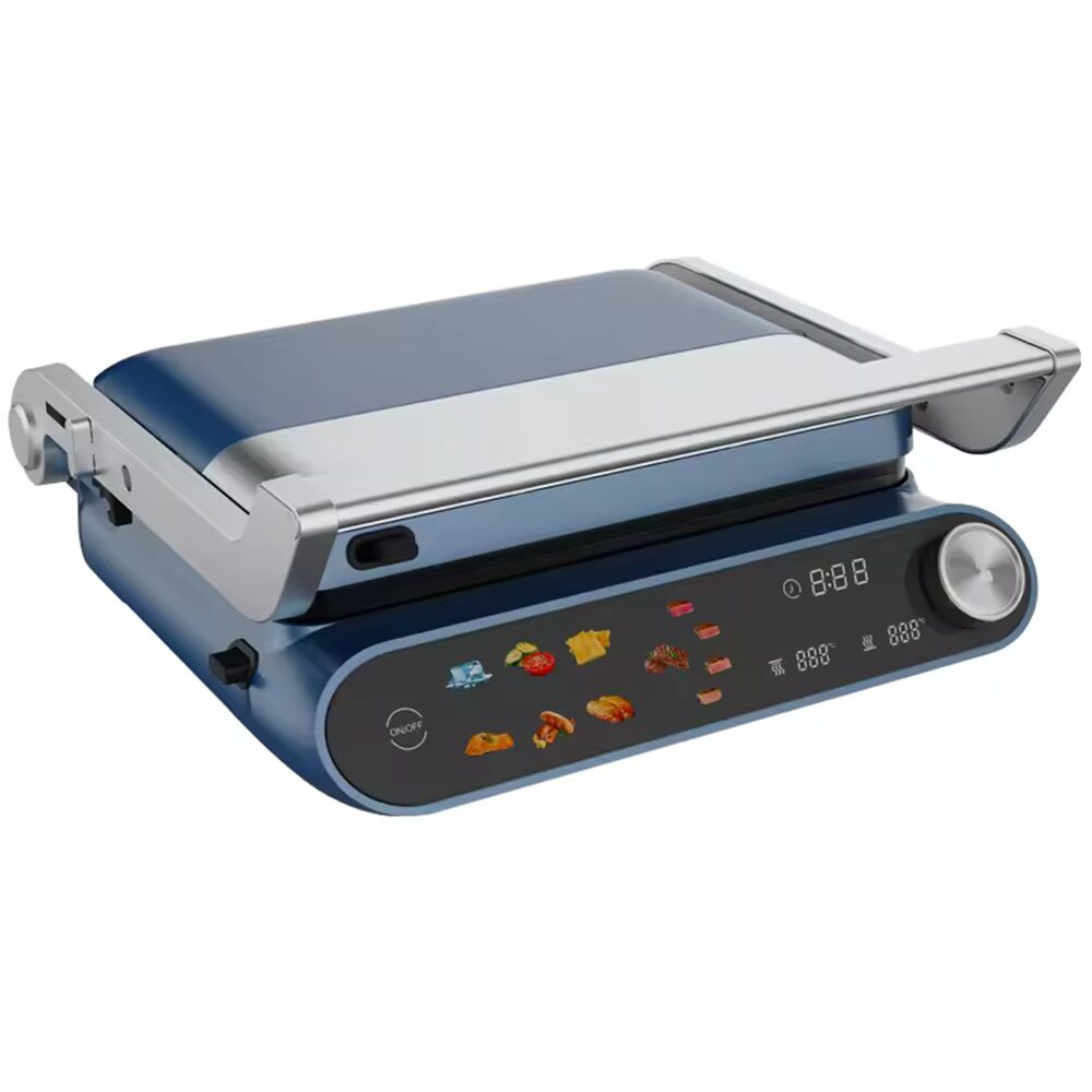 Szendvicssütő 2 az 1-ben HAUSBERG HB-635, 2200 W teljesítmény, szendvics- és grillsütőlapok, tapadásmentes bevonattal, digitális érintőképernyő, 7 különböző sütőprogram, kék/szürke színű