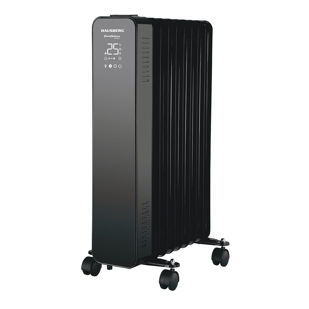 HAUSBERG HB-8950NG digitális elektromos radiátor távirányítóval, 2000W, 9 tagú, 3 fokozatú, elektronikus termosztát, túlmelegedés elleni védelem, felborulás elleni védelem