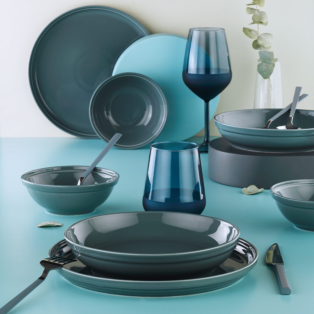 FIT-C étkészlet, 24 darabos, 6 személyes, porcelán, türkiz, kutahya porselen